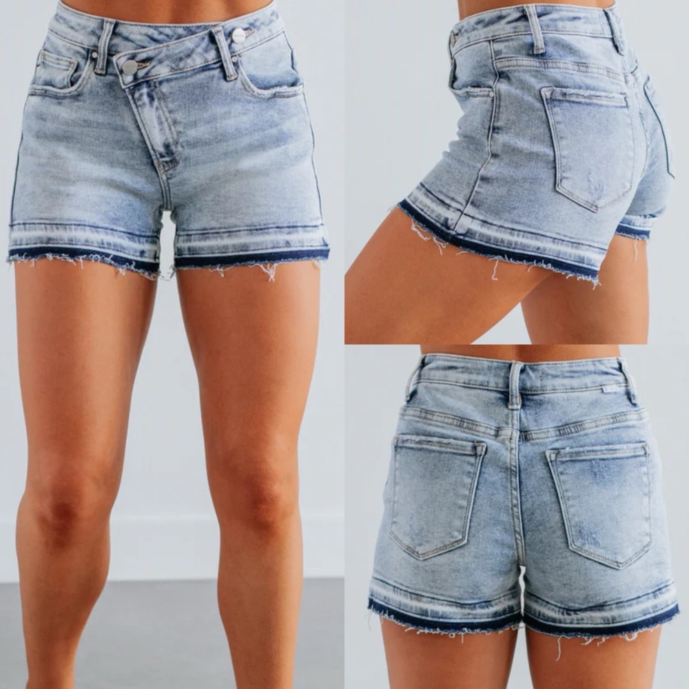 Risen Mid Rise Crossover Denim Shorts - Light Wash